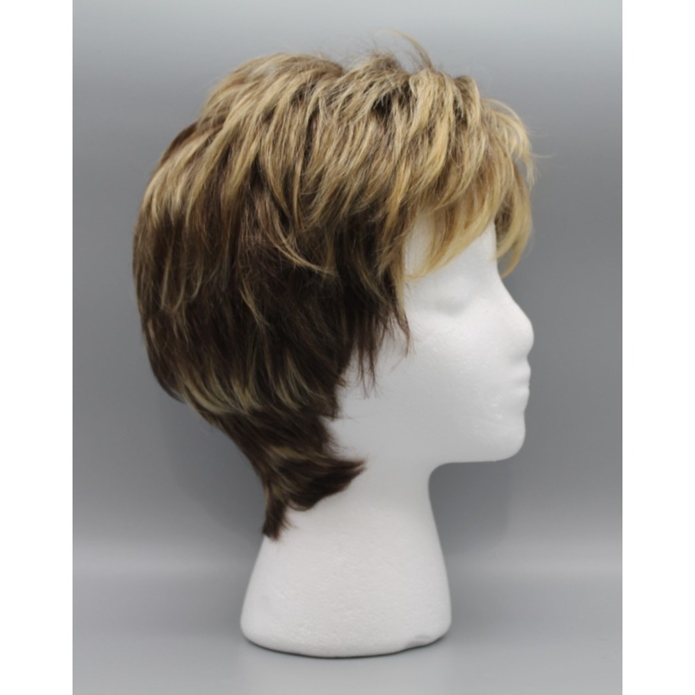 Short Layered Pixie Wig Brown Blonde Highlights Feathered Side Swept Bangs